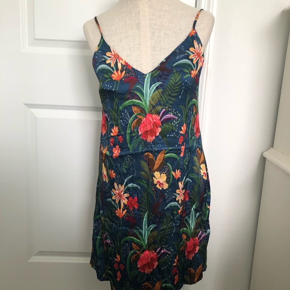 Shore Navy Blue Floral Slip Dress with Tropical Print